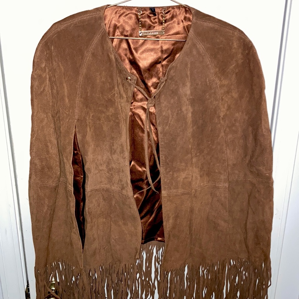 IMAN genuine leather shell unique overlay jacket with fringe details!